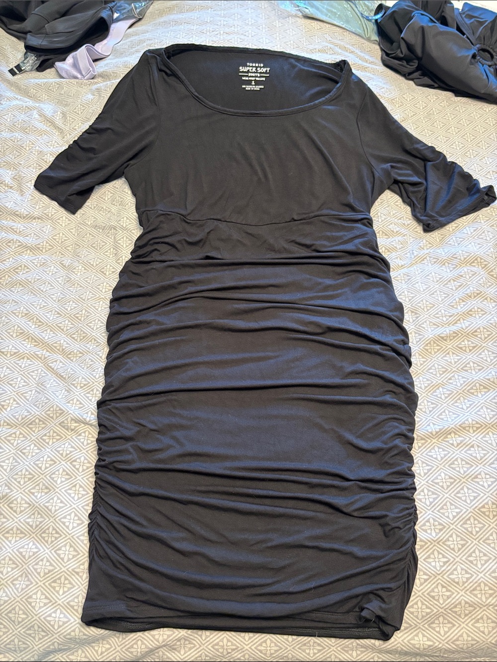 Torrid sz 1 supersoft black knit bodycon dress ruched shirred sides 3/4 sleeve